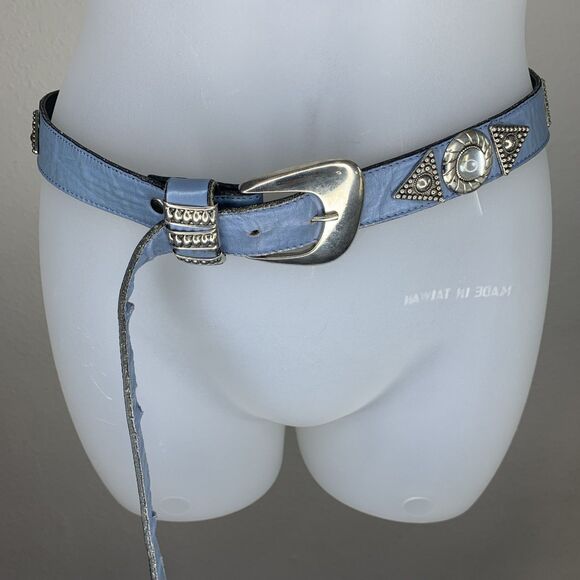 Vtg Leatherock Blue Leather Western Belt Silver Tone Concho Studded Buckle Large main image 15